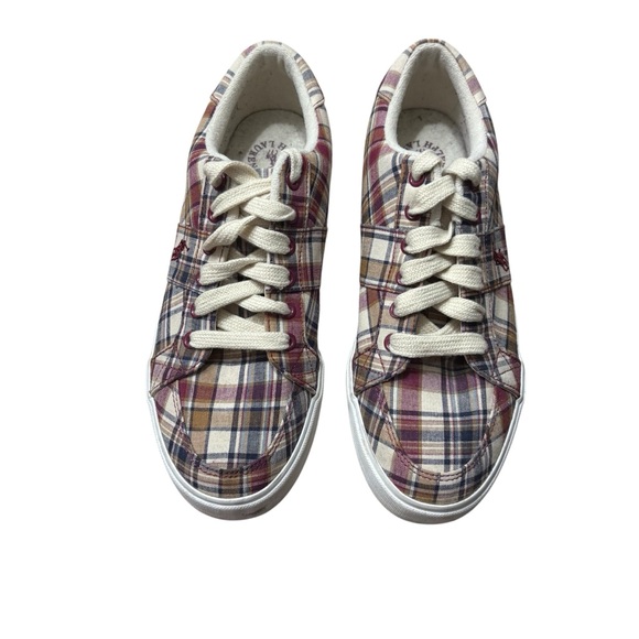Polo Ralph Lauren Other - POLO RALPH LAUREN Madras Maroon / Tan Plaid‎ Humberto Canvas Sneakers Size 8D